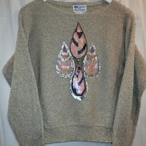 Umi‎ Collections Sweater Small VTG Gold Metallic Sequin Applique Anne Crimmins